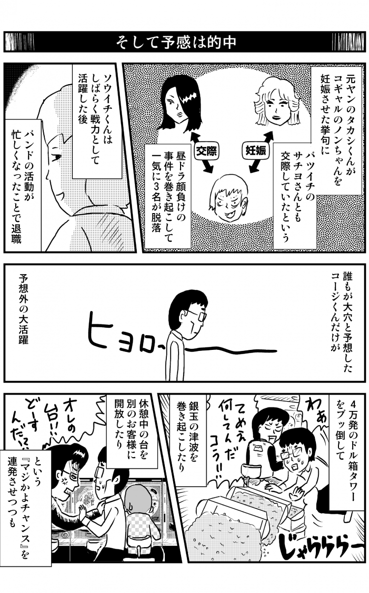 そして予感は的中 元ヤンタカシ君がコギャルのノンちゃんを妊娠させた挙げ句にバツイチのサチヨさんとも交際していたという昼ドラ顔負けの事件を起こして一気に3名が脱落 ソウイチくんはしばらく戦力として活躍した後 バンドの活動が忙しくなったことで退職 誰もが大穴と