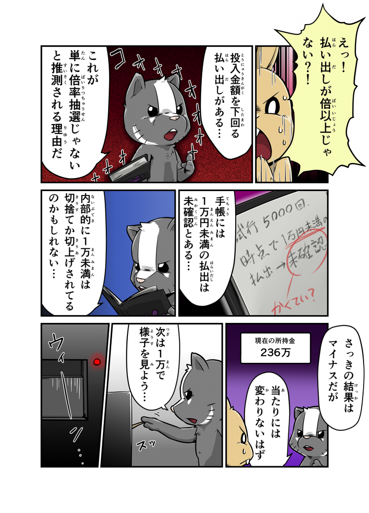 えっ！払い出しが倍以上じゃない？！ 投入金額を下回る払い出しがある… これが単に倍率抽選じゃないと推測される理由だ 手帳には1万円未満の払い出しは未確認とある… 内部的に1万未満は切り捨てか切り上げされているのかもしれない… さっきの結果はマイナスだが当た